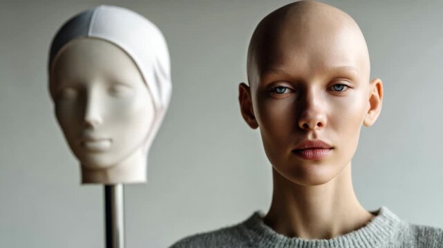 Soft neutral interior scene of a bald woman beside a wig reflecting themes of identity and choice