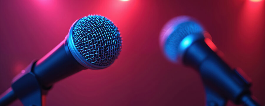 Two microphones set in a studio with red and blue lights. The equipment arranged on stage. Vocal performance or karaoke atmosphere. Modern music concept - Powered by Adobe