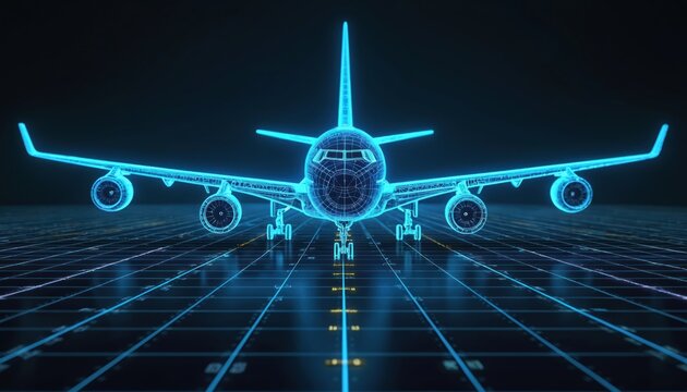 Digital 3D aeroplane blueprint illustration. Glowing neon hologram plane shows futuristic design. Transport technology, business finance concept for commercial airplane. Security system with modern