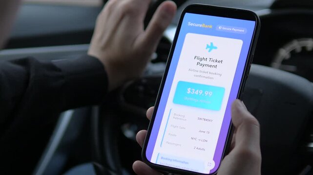 A driver in a parked car carefully reviews the price and payment details for a flight ticket on his phone. His thoughtful tapping on the steering wheel adds a layer of real-life hesitation and