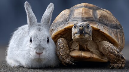 A rabbit and a turtle are standing next to each other, with the rabbit looking at the turtle. The scene is peaceful and calm, with the two animals coexisting in harmony