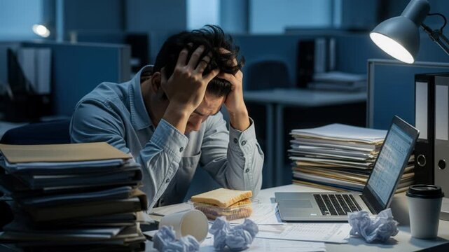 An overworked man office night stress and deadline, battling fatigue with paperwork, computer and lamp, messy desk anxiety and burnout, overtime scene with sandwich, coffee, crumpled paper and tense