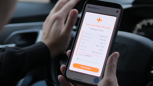 Close-up of a man's hands in a parked car examining a digital bank receipt for a successfully purchased low-cost airline ticket. The detailed transaction confirmation captures the moment of securing