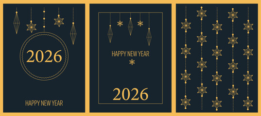 A set of elegant New Year's cards in dark blue and gold with stars and decorations