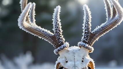 A detailed close-up shot of a deer skull with large antlers covered in thick hoarfrost