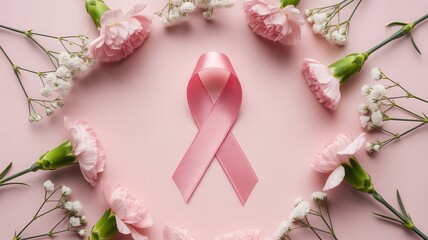Pink ribbon surrounded by delicate pink carnations and white flowers, symbolizing breast cancer awareness