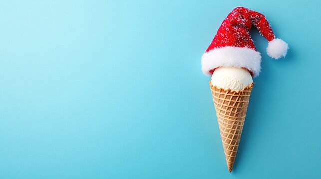 an ice cream cone with a santa hat on a blue background, providing copy space for a christmas or new year's celebration concept, christmas food concept - Powered by Adobe