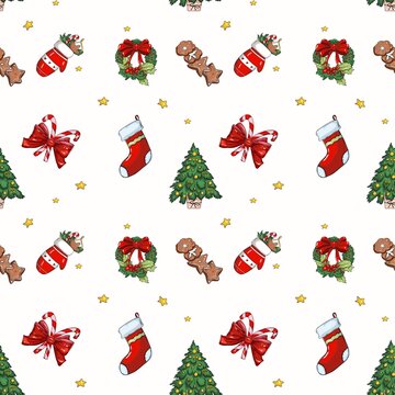 christmas seamless pattern Seamless repeating Christmas pattern featuring festive elements like decorated trees, stockings, mittens, holly wreaths, gingerbread men, and candy canes on a white backgrou