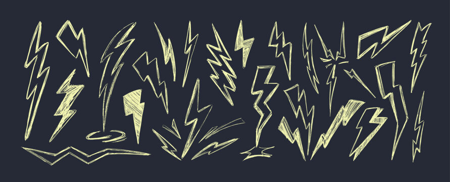 Thunder lightning. Bolt doodle crayon sketch vector hand drawn