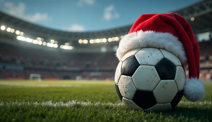 Fototapeta premium Soccer ball wearing santa hat in stadium