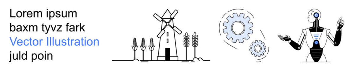 Renewable energy, robotics, future technology, automation, sustainability, agriculture. Windmill, wheat gear and robot in minimal line art. Renewable energy and robotics