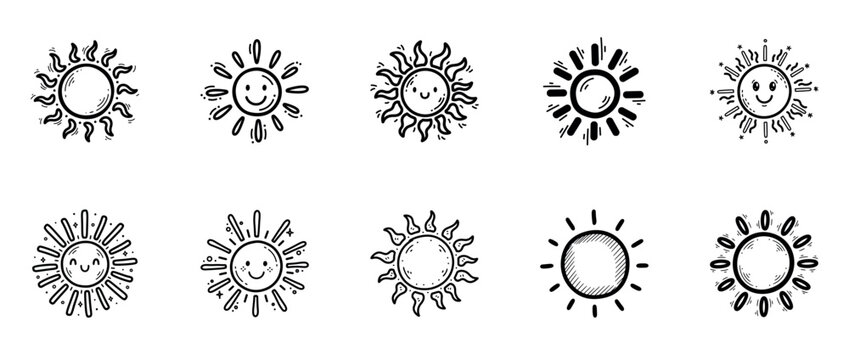 Set of hand drawn sun icons with smiling faces and rays, cartoon doodle weather symbols with transparent background for fun illustrations and design