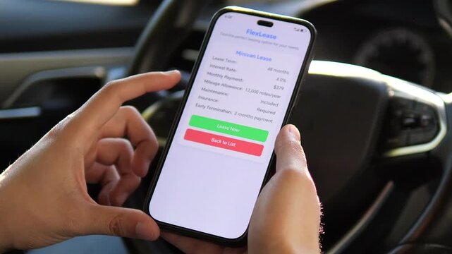 A person hesitates before clicking apply on a vehicle leasing contract displayed on their smartphone. This clip embodies modern family planning, digital financing, and the shift towards online credit