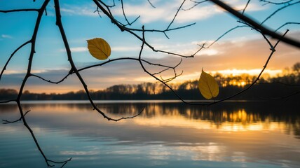 Golden autumn leaves on bare tree branches silhouetted against a vibrant sunset over a tranquil lake