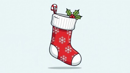 A red and white Christmas stocking with a candy cane and holly leaves on it, hanging from a light blue background.