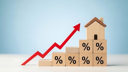 Wooden blocks with percentage signs stacked with a house and red arrow graph home real estate