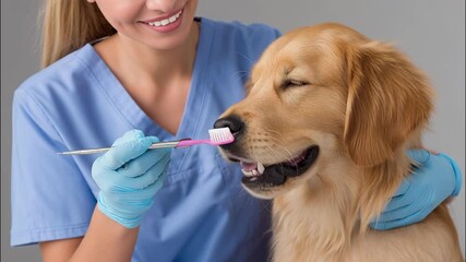 Veterinarian brushing a golden retriever dog's teeth using a toothbrush, promoting pet dental hygiene video 4k