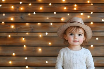 Little child in straw hat on background of wooden wall with light decoration. Cute baby for kids fashion, winter holiday, Christmas.