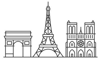 Paris landmark icons set with Eiffel tower, Arc de triomphe and Notre dame cathedral on transparent background
