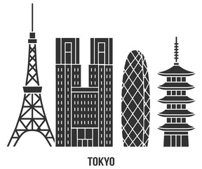 Fototapeta premium Tokyo city landmark icon set with tower, modern skyline and traditional pagoda in clean line and solid styles on transparent background
