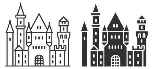 Medieval castle fortress with towers, outline and solid fairytale palace icon on transparent background