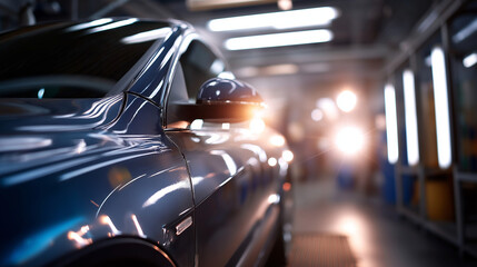 Professional car painting in specialized spray booth auto service center work body repair preparation surface treatment process quality vehicle maintenance defocused workshop
