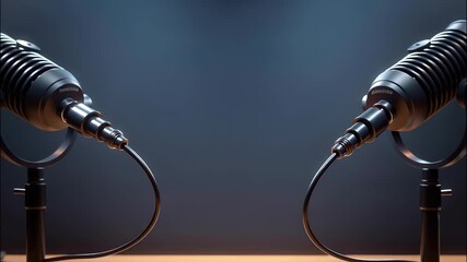 Two microphones stand ready on a table in a dimly lit podcast studio, awaiting the arrival of speakers video 4k
