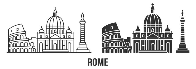 Rome city skyline with Colosseum basilica dome and pillar landmark elements, clean outline travel vector design on transparent background © Polyak Tata