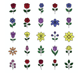 Grid of 25 Stylized Flower Icons. Colorful Roses, Tulips, Daisies, and More with Green Leaves on White Background