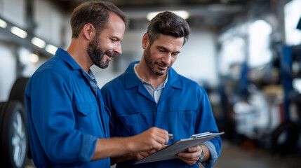 Faceless male mechanics discussing winter tire options auto shop setting consultation automotive service advice seasonal equipment selection professional client guidance