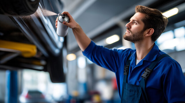 Faceless mechanic hands spraying car underbody vehicle raised on lift anti corrosion treatment automotive maintenance service protective coating application defocused workshop