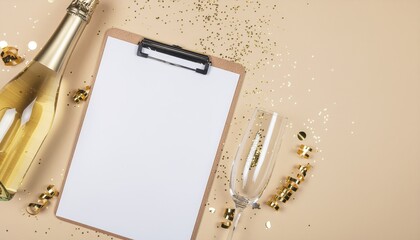 Elegant Festive Champagne Bottle and Glass with Clipboard for Celebration Theme. Ai Generated Images