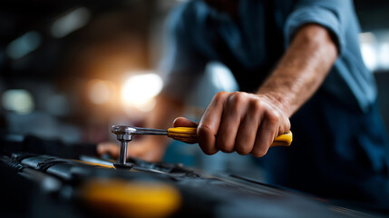 Faceless focused mechanic hand performing repair motorcycle engine maintenance skilled service fixing motor problem resolution hand tool precision defocused workshop setting