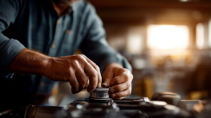 Faceless focused mechanic hand performing repair motorcycle engine maintenance skilled service fixing motor problem resolution hand tool precision defocused workshop setting