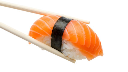 Single piece of salmon nigiri sushi held with chopsticks isolated on transparent background