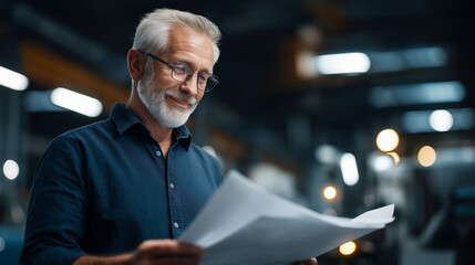 Faceless mature man hands in factory inspecting plans wearing glasses examination construction project review manufacturing facility analysis professional technical work