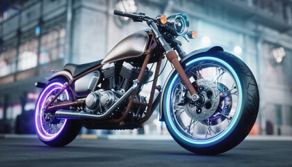 Obraz premium A custom cruiser motorcycle with neon blue and purple rim lights parked on a street at dusk