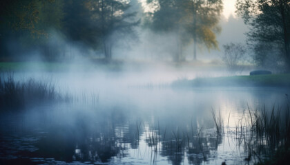 Fototapeta premium Misty morning tranquility over the forest river and lake landscape with reflections of the trees and sunrise sky