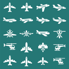 Set of 20 White Aircraft and Helicopter Icons on Teal Background. Aviation Silhouettes for Transport and Travel Design