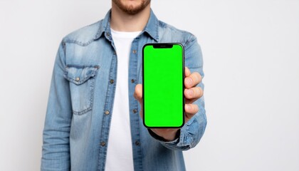 Casual Man Holding Modern Smartphone with Green Screen for Mockup Display. Ai Generated Images