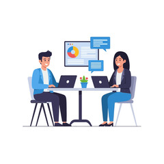 Fototapeta premium Collaborative data analysis depicted through two colleagues reviewing charts on their laptops