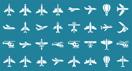White Aircraft Icon Set on Blue, Includes Airplanes, Helicopters, Hot Air Balloons, and Gliders in Stylized Grid Layout