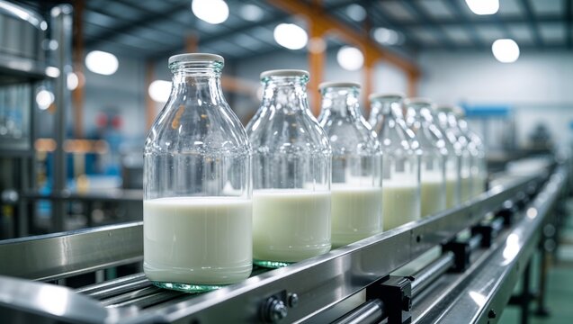 Milk bottles on a conveyor belt in a dairy processing plant