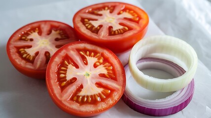 fresh vibrant red tomato slices with white onion rings photo
