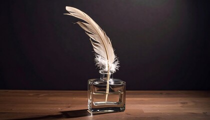 Quill Pen in Inkwell on Wooden Desk.