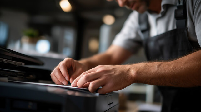 Faceless happy handyman hands fixing office printer equipment repair service workplace maintenance task technical troubleshooting work professional fixing operation