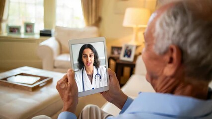 Elderly man video chatting with doctor on tablet in living room for telemedicine consultation and virtual healthcare services, remote care, digital health services, and virtual doctor communication. - Powered by Adobe