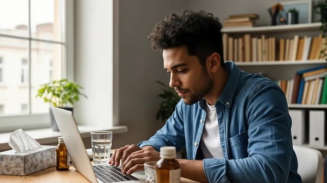 A focused young man remote work home office with laptop and computer, technology setup cozy workspace, natural light boosting concentration, productivity, and mental health awarenes for modern rem