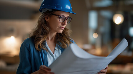 Faceless woman hands holding large blueprint sheet blue hardhat and glasses wearing construction planning display engineering project documentation professional architect work