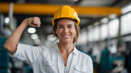 Faceless empowered female engineer in industrial operations strength expertise demonstration production processes leadership machinery handling innovation teamwork technical